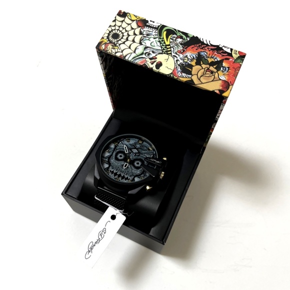 ED HARDY Oversized Skull Beaded Dial Wristwatch Gray Black Mesh Strap Watch - Picture 7 of 7